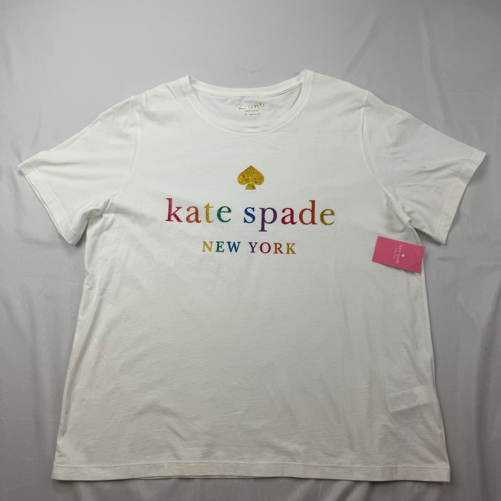 Kate Spade Rainbow Tee Women XL White Glitter Logo Short Sleeve OUMU1258